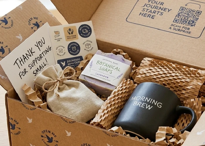 An open ecommerce shipping boxes showing how items fit snugly inside for a professional unboxing experience.