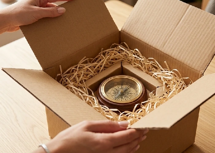 A customer’s hands opening a clean, sturdy courier packing box to reveal an undamaged item.