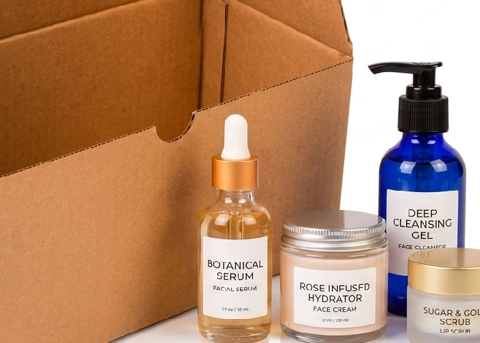 Personal care jars placed next to a durable shipping box for glass bottle protection.