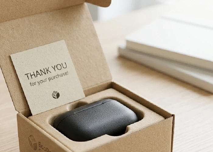 A side-by-side view of a product nestled in a small packaging box with a thank-you note, showing the perfect internal fit that prevents items from rattling during transit.