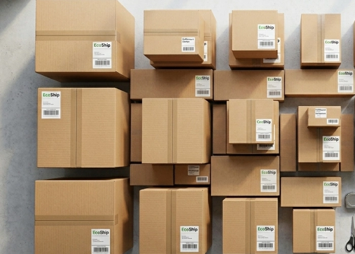 Flat lay overview of different sizes of a premium corrugated packing box next to an e-commerce smartphone order screen