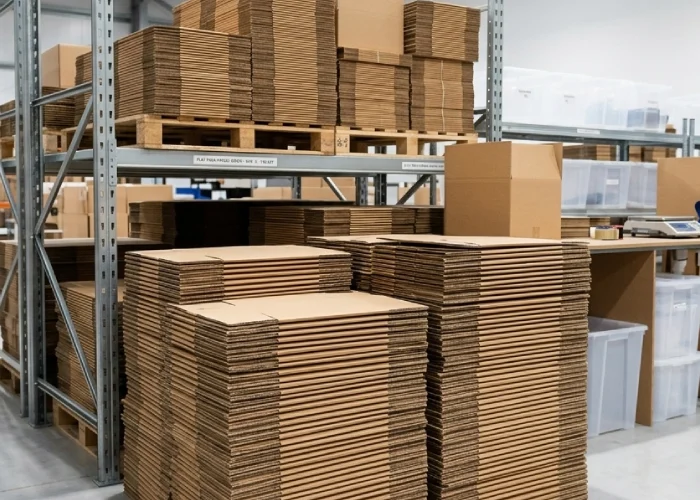 Sturdy corrugated parcel boxes stacked flat in a clean warehouse fulfillment area.