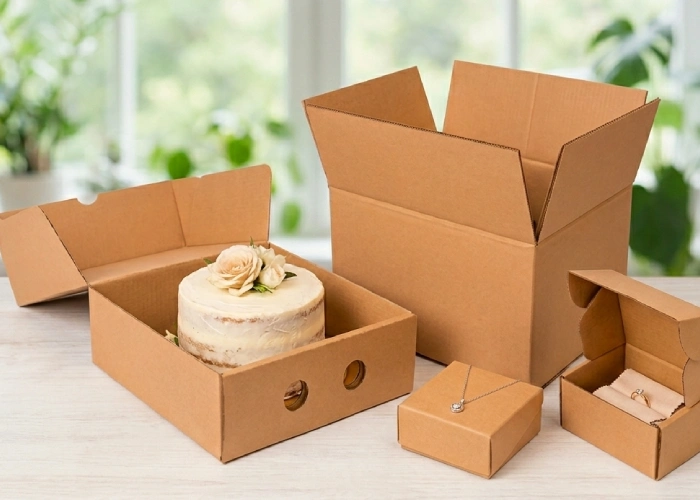 Complete eco friendly product lineup featuring custom cake box shipping box and premium jewelry box packaging options