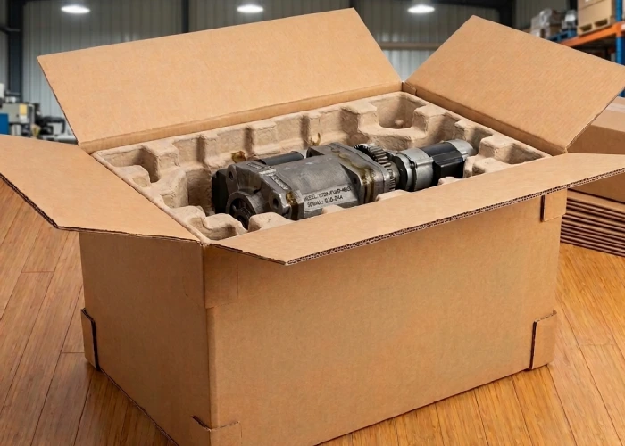 Heavy machinery part packed inside a corrugated shipping box