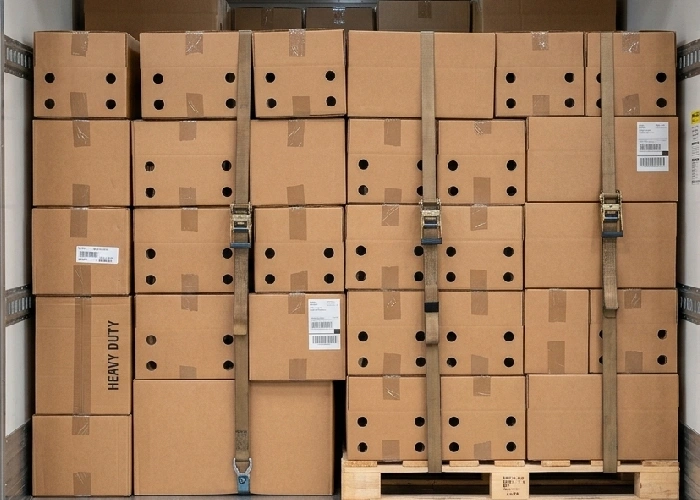 Strong corrugated cardboard packing boxes arranged securely inside a cargo transport truck