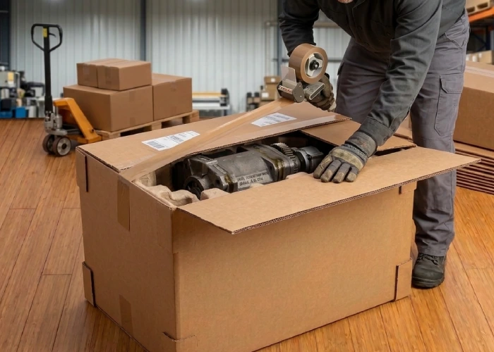 Worker sealing a heavy-duty parcel box for transport